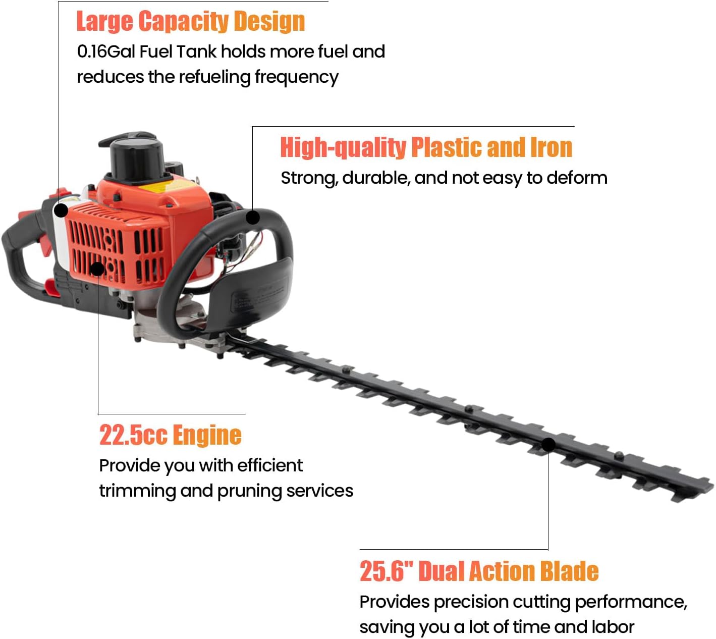 25.5-inch Gas-Powered Hedge Trimmer, 22.5cc Double Sided Dual Action Blade Hedge Trimmer for Home User and Gardener, Complete Accessories, Recoil-Type