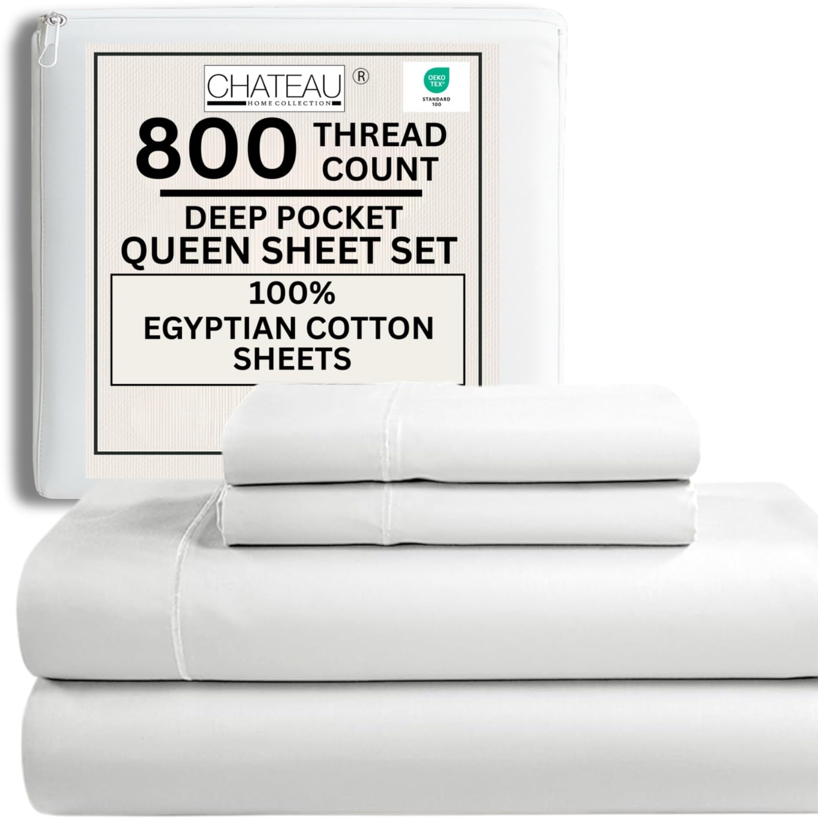 100% Egyptian Cotton Sheets Queen Size Bed Set, Deep Pocket Queen Sheet set, 800 Thread Count Cotton Bed Sheets, Naturally Cool Soft Breathable No Pill Elasticated Luxury White Bedding For All Seasons