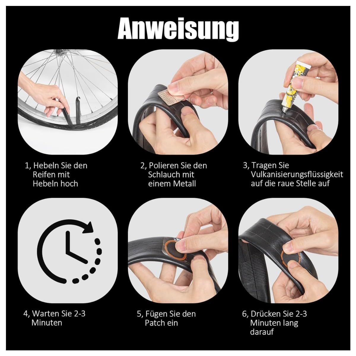 Kit Riparazione Gomme Bici | 8 Toppe, Leve Smontagomme | Per Camera D'Aria E Pneumatici - Foto 4