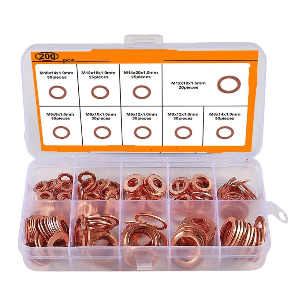 200Pcs Copper Flat Gasket Sealing Washer Kit M5 M6 M8 M10 M12 M14 Compatible with Motorcycle Models Engine Seal Flat Ring Aftermarket Replacement