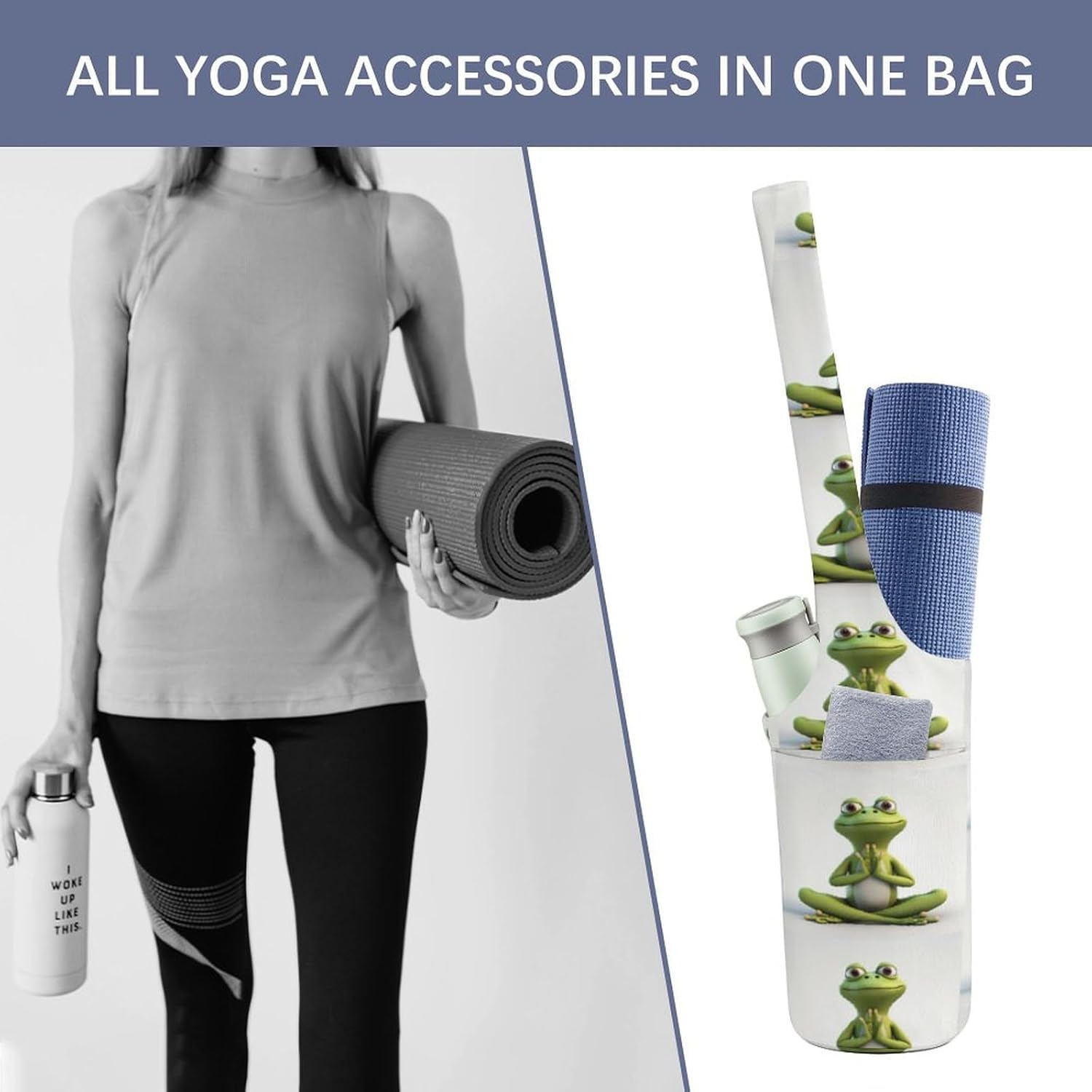 Canvas Yoga Bag,The Funny Frog Doing Yoga Printed Yoga Mat Handbag,Portable Yoga Mat Bag Large Capacity Gym Bag for Men Women Pilates Beach Travel
