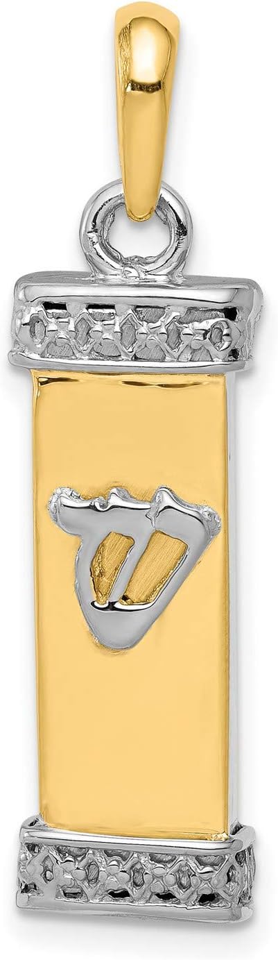 14k Two-Tone Gold Mezuzah Pendant with Hebrew Shin Symbol, Satin Finish Religious Jewelry for Men and Women, Jewish Faith Charm Necklace, Solid Gold Spiritual Pendant for Tradition and Protection