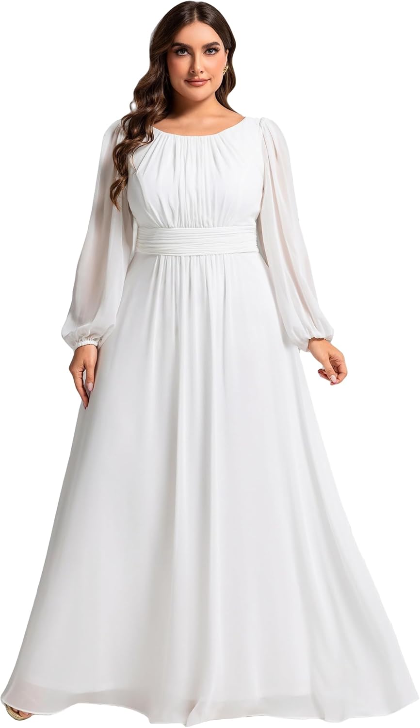 Ever-Pretty Elegant Long Sleeve Plus Size Formal Dresses for Curvy Women A-Line Chiffon Bridesmaid Mother of Bride Dress