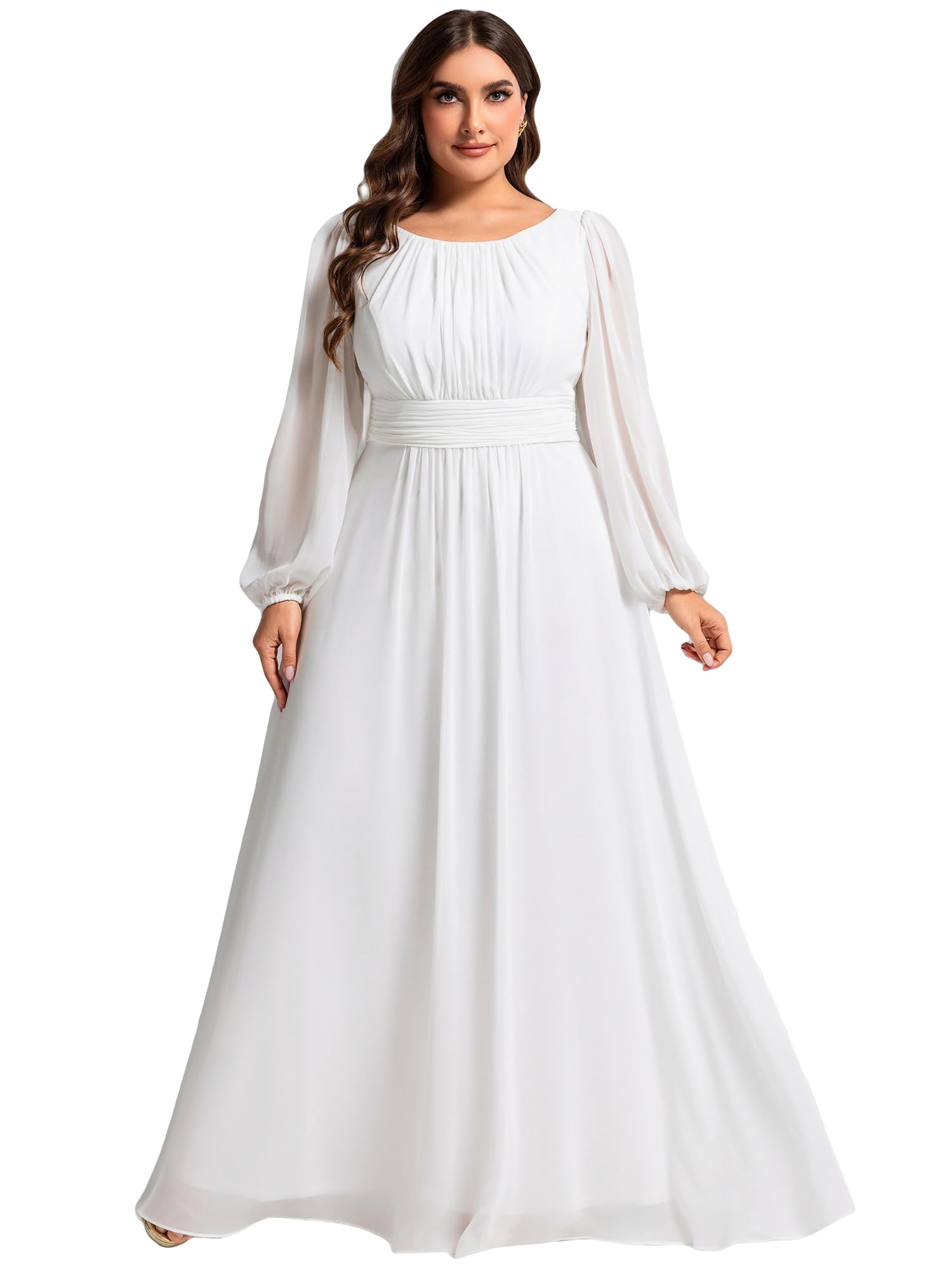 Ever-Pretty Damen-Kleid, Rundhalsausschnitt, lange Ärmel, plissiert, Empire-Taille, Chiffon, fließend, Übergröße, formelles Kleid, Brautjungfernkleid
