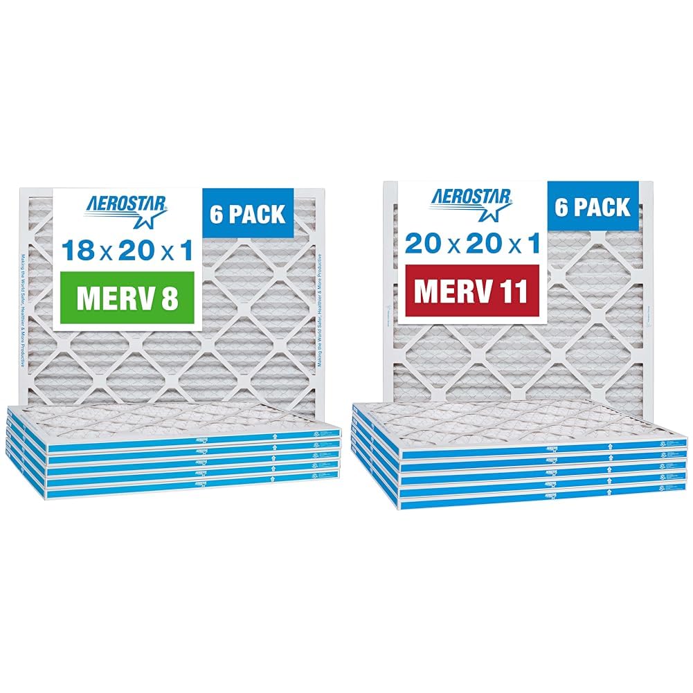 Aerostar 18x20x1 MERV 8 Pleated Air Filter, AC Furnace Air Filter, 6 Pack & 20x20x1 MERV 11 Pleated Air Filter, AC Furnace Air Filter, 6 Pack