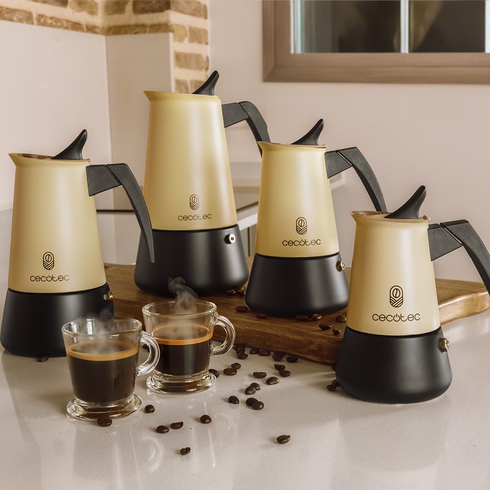 Cecotec Włoski ekspres do kawy Piccolina 900 beżowy, 450 ml, 10 filiżanek do kawy, stal nierdzewna, odpowiedni na każdą powierzchnię, filtr premium, zawór bezpieczeństwa, uchwyt termiczny, elegancki