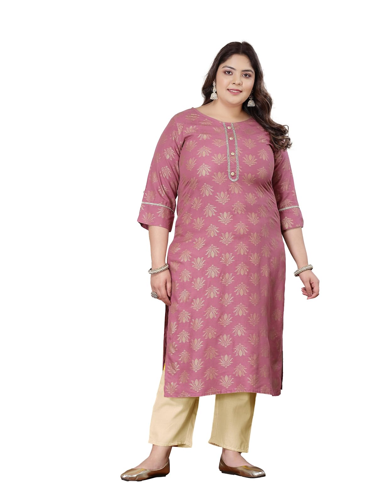 Stylum Plus Size Women Gold Printed Rayon Straight Kurta (Toruwineplus46_Wine, 3Xl)