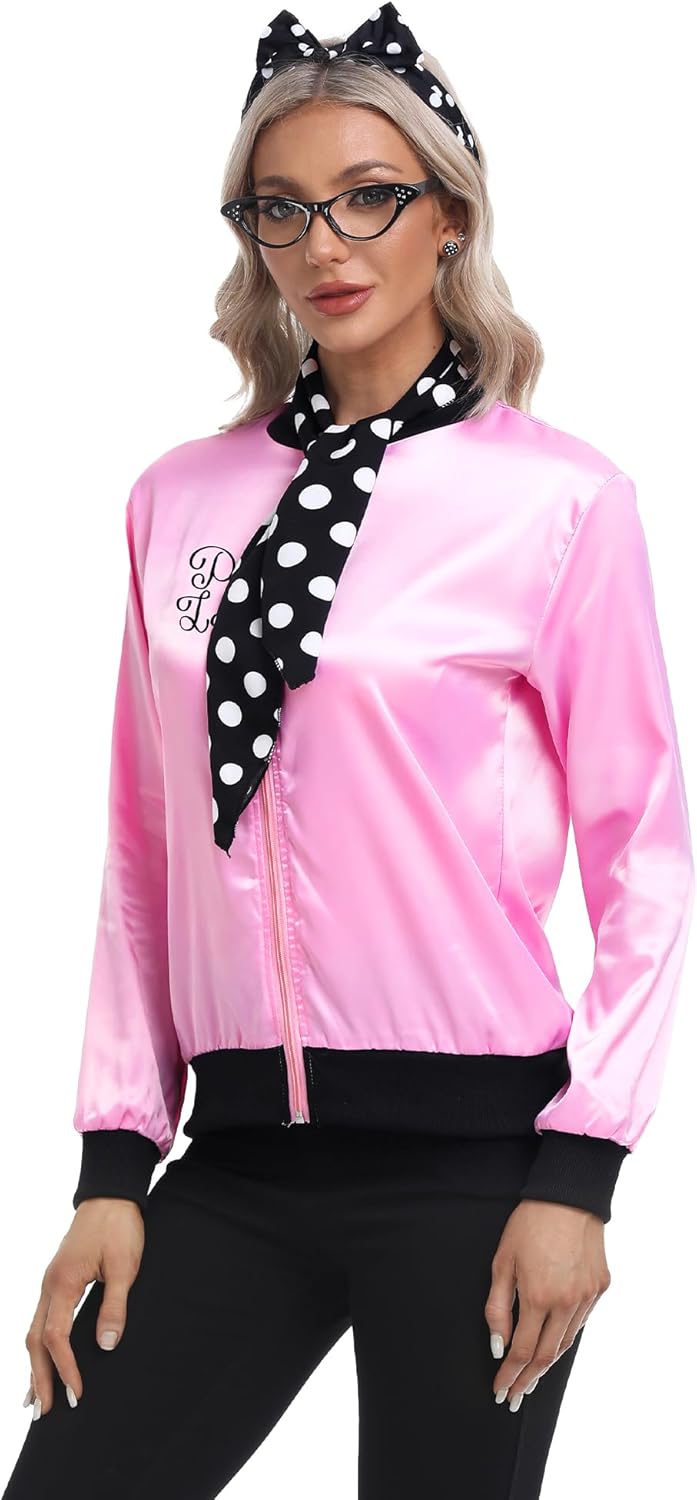 SOMSOC 5 Pieces 1950s Women Pink Satin Jacket with Polka Dot Scarf Headband Earrings Eye Glasses Halloween Party Costume Set - Image 5