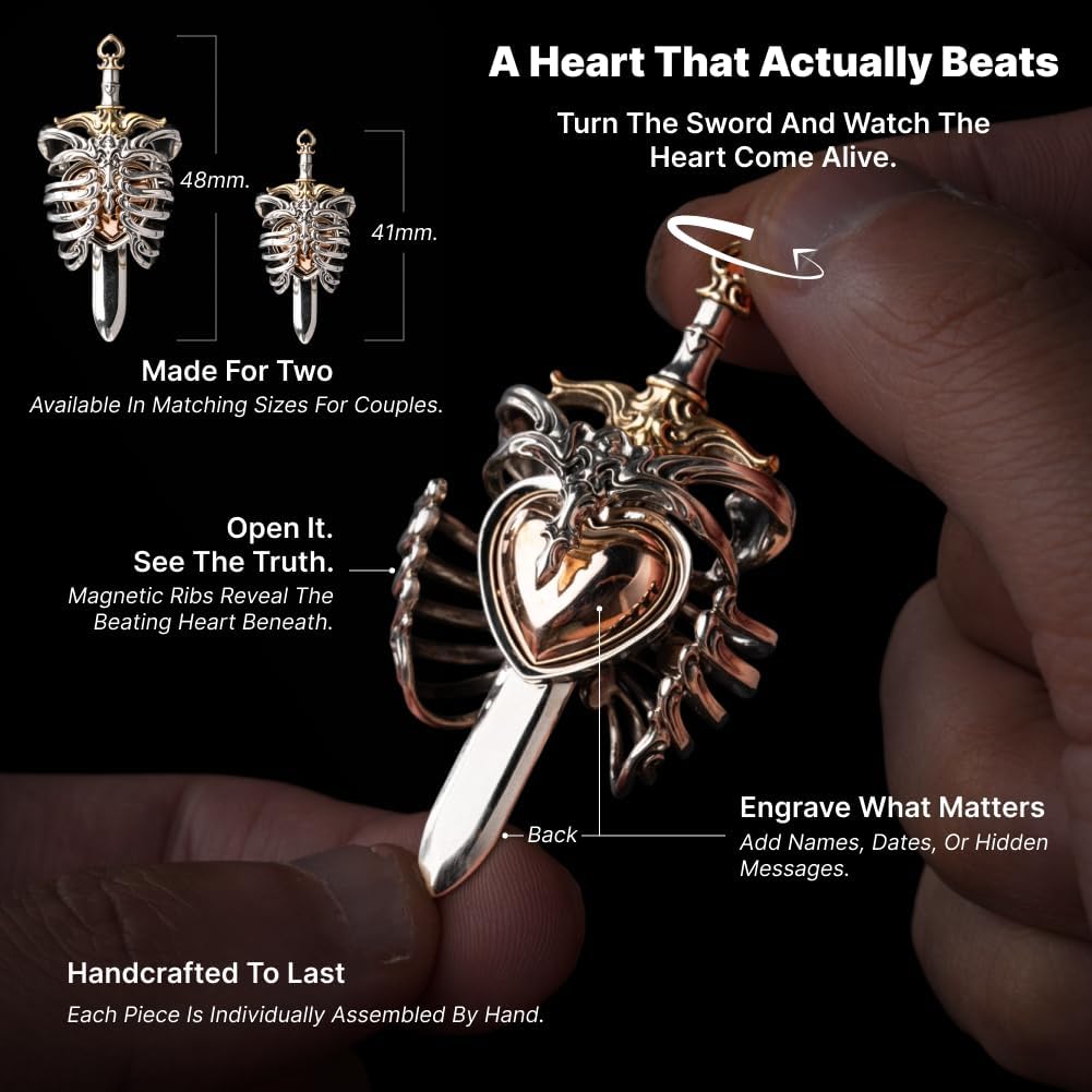 COPPERTIST.WU Beating Heart Pendant Gothic Ribcage Sword Skeleton Jewelry Charm for Men Women
