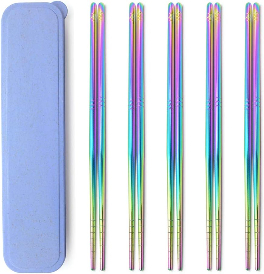 5 Pairs Rainbow 304 Stainless Steel Chopsticks Polished Multicolor Reusable Chopsticks, Dishwasher-safe, Non-Slip, Metal Square Chopsticks Set with Case as Present Gift Fit Kitchen Dinner (Round)