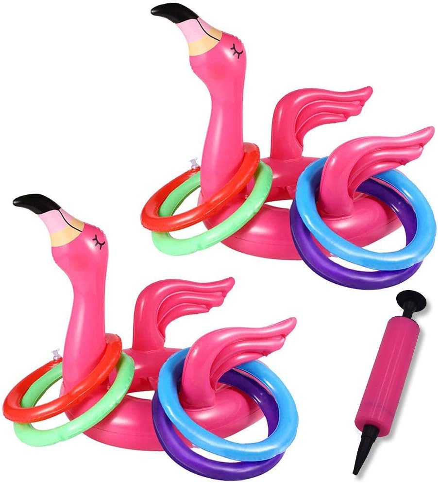 2 Pack Inflatable Flamingo Ring Toss Game Pool Beach Party Toy Games with Free Pump Pool Beach Luau Party Supplies, Lawn Games for Family Kids Adult (2 Flamingo and 8 Rings)