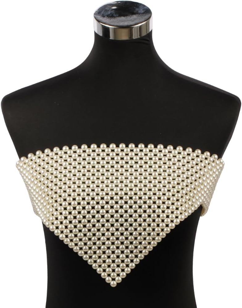 Pearl Body Chain for Women White Beads Statement Chunky Necklace Cover Up Crop Top Bra Jewelry Costume Accessories