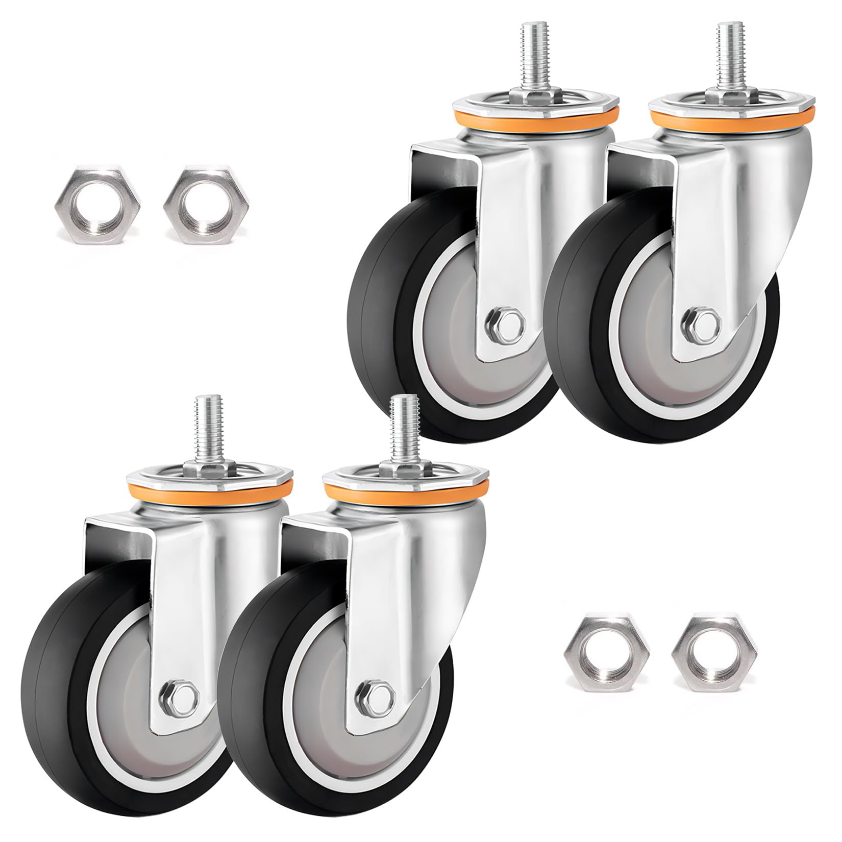 GYRAZXS Set of 4 Quiet 360° Swivel TPR Rubber Casters with Brake 6m 75mm 100mm 125mm M10 & M12 Thread Stem Replacement Wheels for Trolleys Furniture & Workbenches