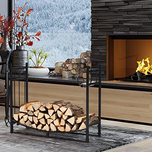 COSTWAY 30/36 Inch Fireplace Log Rack with 4 Tools, Iron Fireside Companion Set Firewood Holders with Tong, Brush, Shovel and Poker, Indoor Outdoor Wood Lumber Storage Stacking (90x33x77cm)