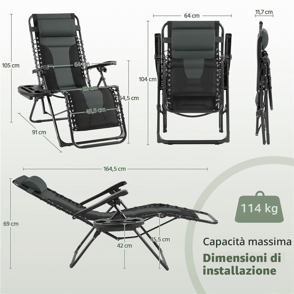 Yaheetech Lettino prendisole pieghevole, resistente alle intemperie, ergonomico, da giardino, con schienale regolabile, con cuscino cervicale e porta bevande, colore: nero e grigio