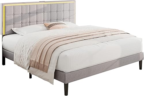 Miniatura 8 de Base de cama tamaño King con cabecera LED, plataforma tapizada con botones de lino con estación de carga USB, fuerte soporte de listones de madera,