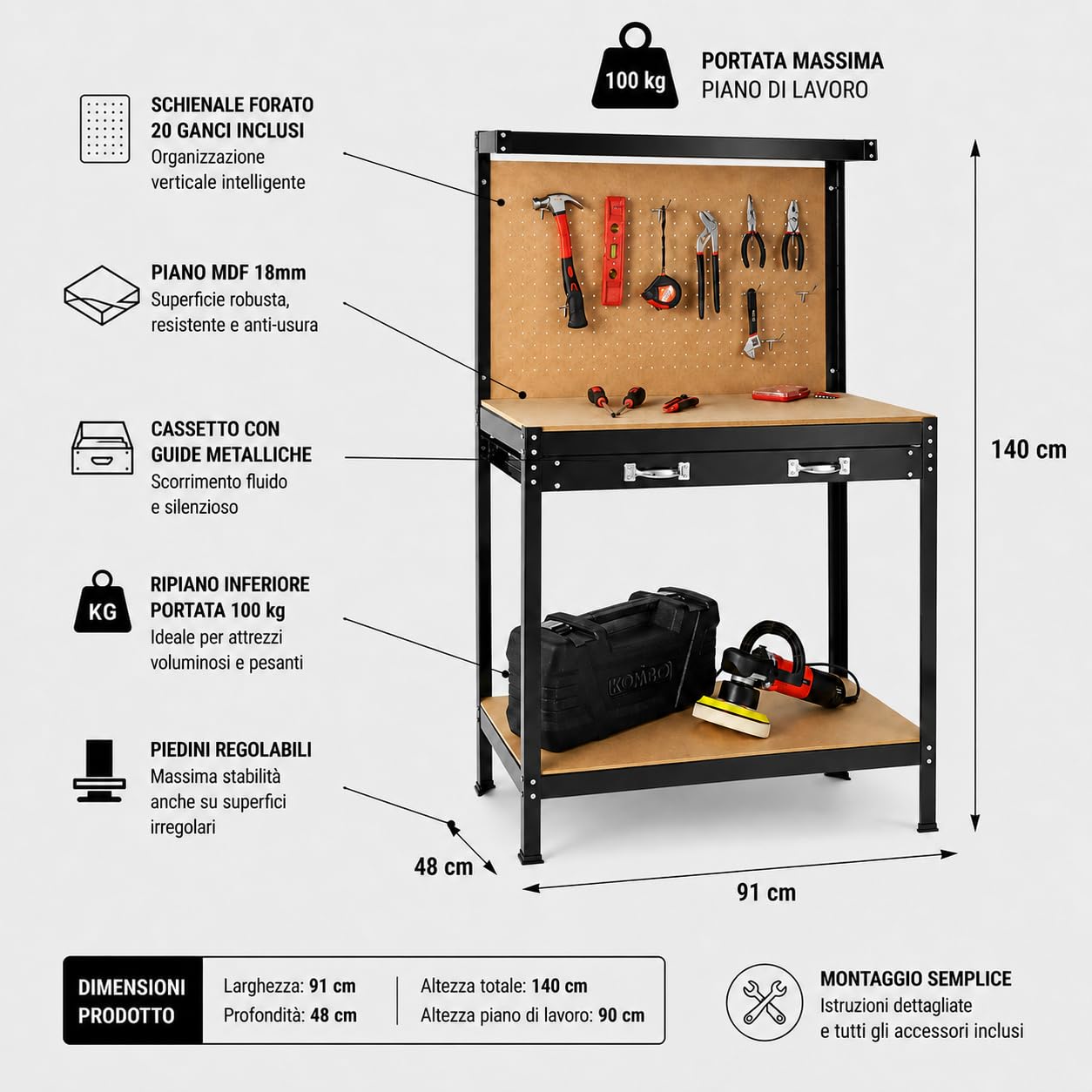 KOMBO - Banco da Lavoro in Alluminio con 2 Ripiani in MDF, 1 Cassetto, Schienale in MDF con 20 Ganci – 91x48x140 cm – Struttura Robusta, Salvaspazio, Ideale per Garage e Officine