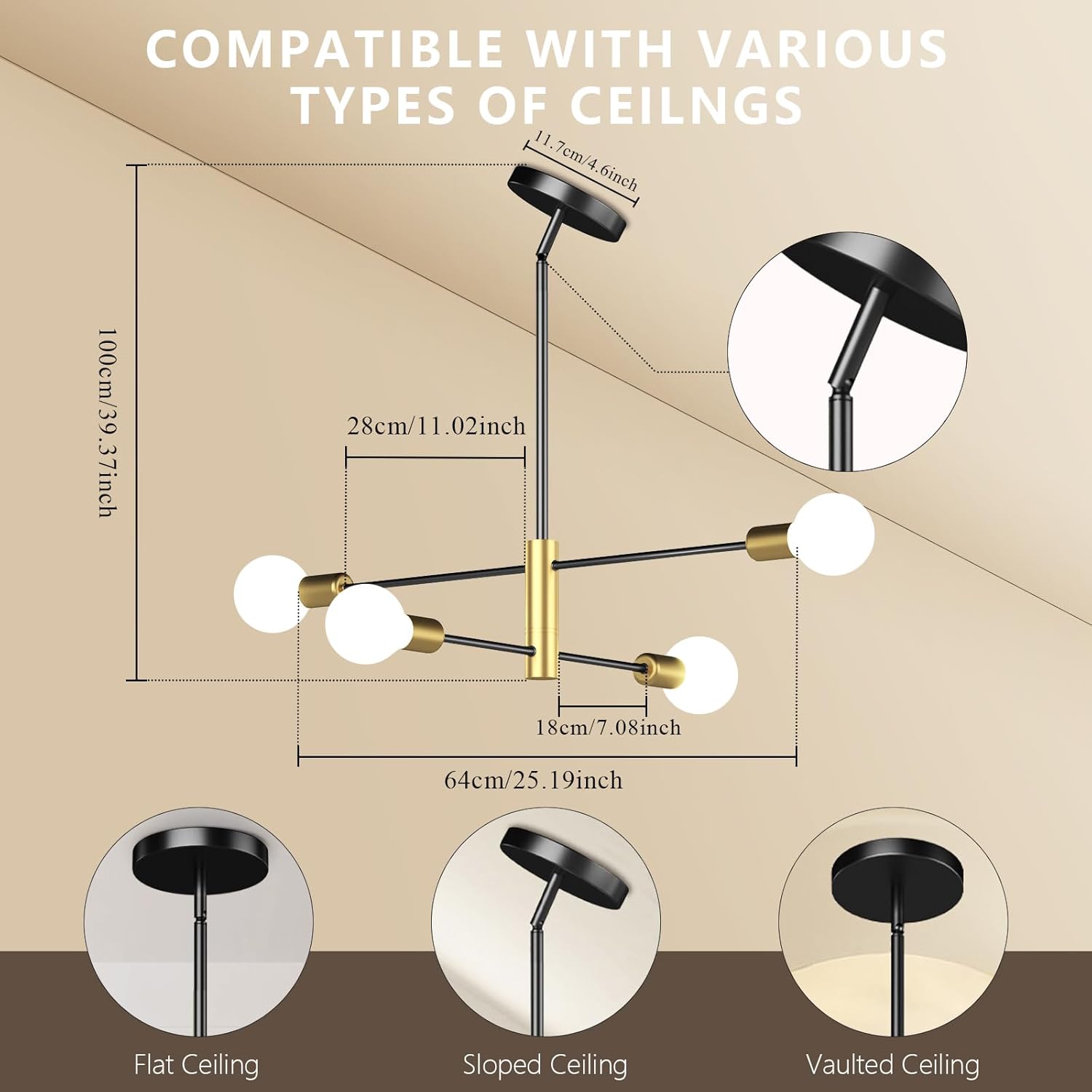 Modern Sputnik Chandelier, Ceiling Light Fixture Flush Mount 4-Lights Black and Gold Chandeliers for Living Room Bedroom Dining Room Kitchen, Mid Century Chandeliers, E26 Base, Bulbs Not Included