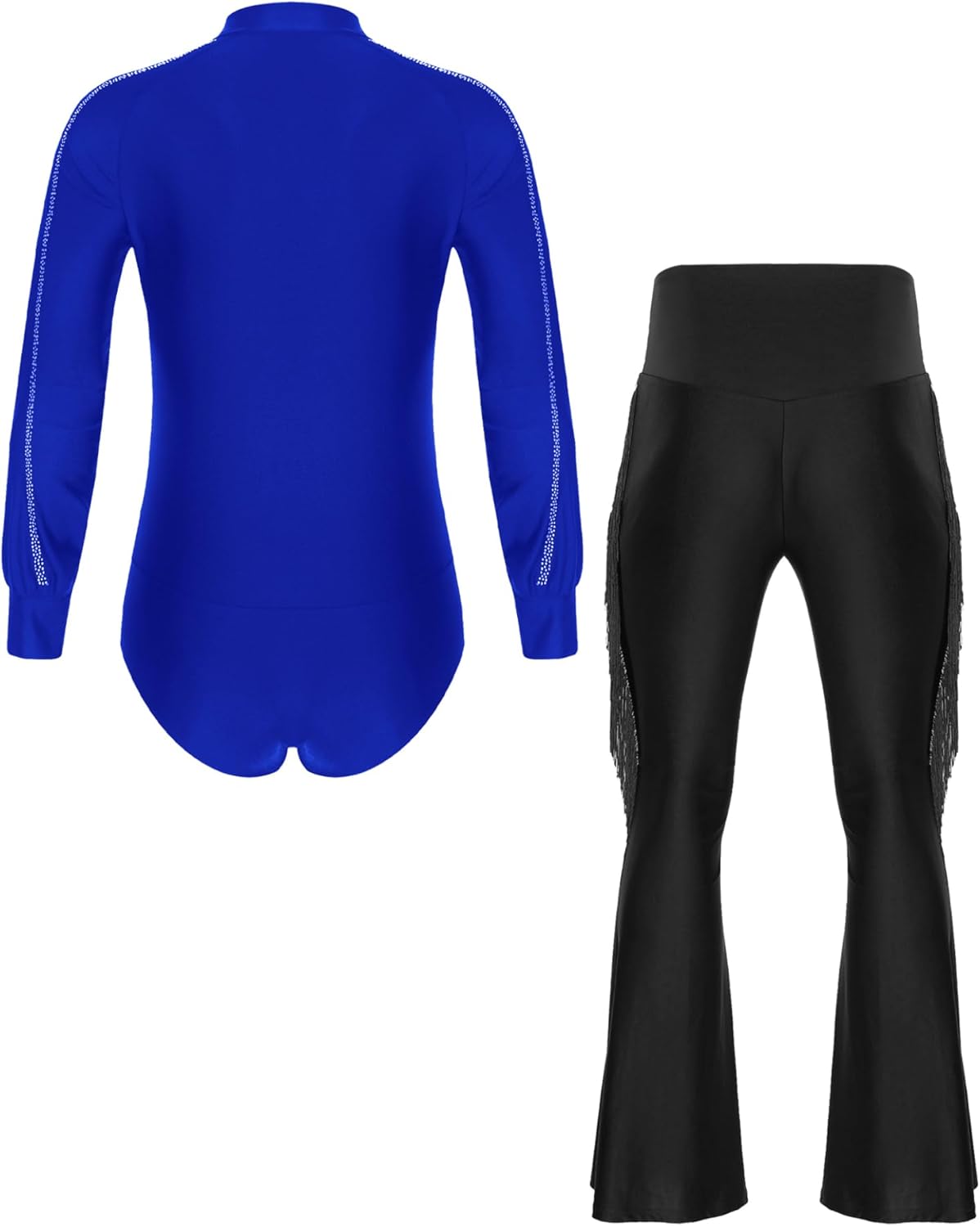 Hedmy Mens Rhinestone Dance Shirt Leotard with Tassel Flared Pants Latin Tango Figure Skating Costume