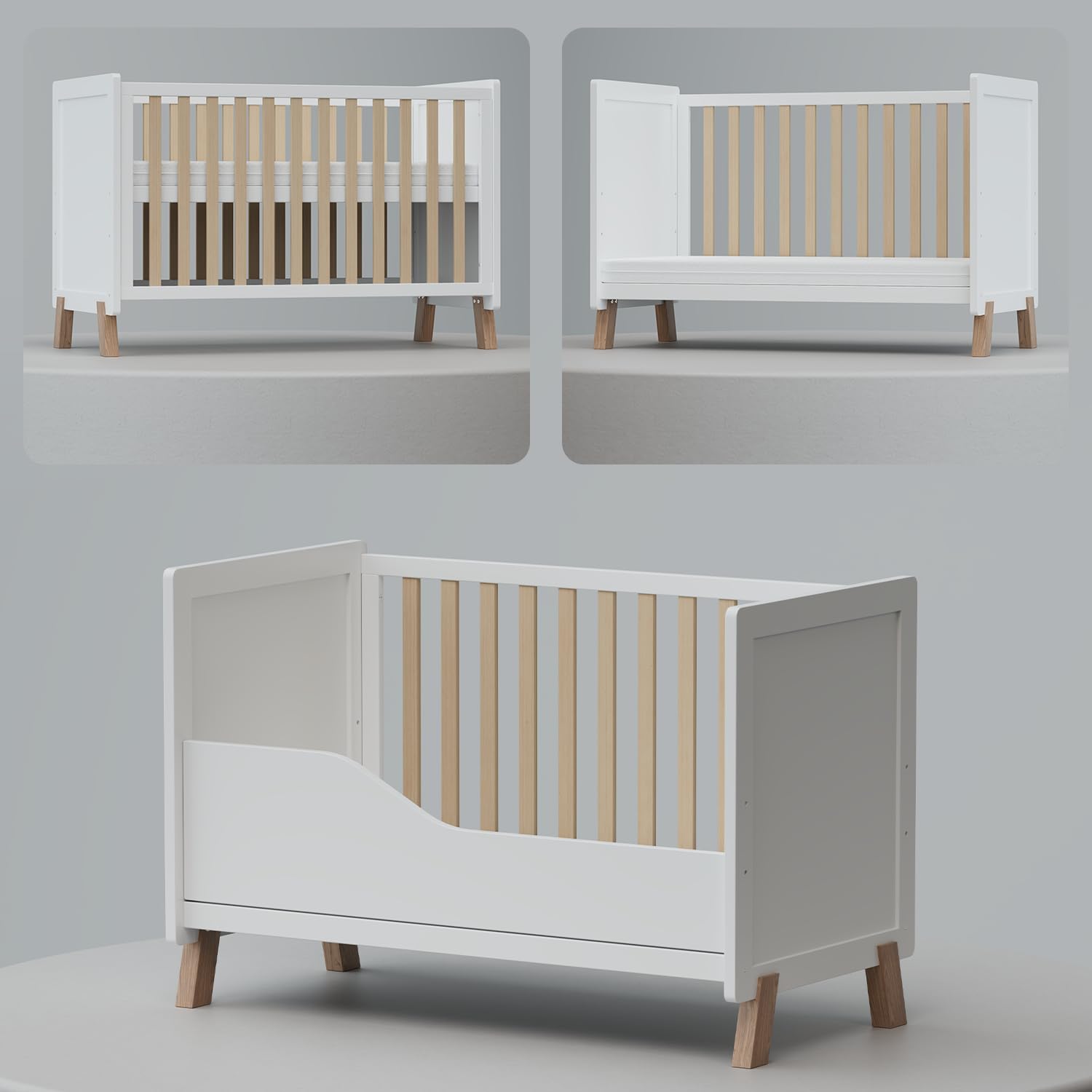 Lit pour bébé en bois 3-en-1, berceau, lit convertible avec barrière de dentition, base ajustable à 3 positions, garde-corps court et matelas inclus, pour bébés de 0 à 5 ans, conforme à la norme EN716