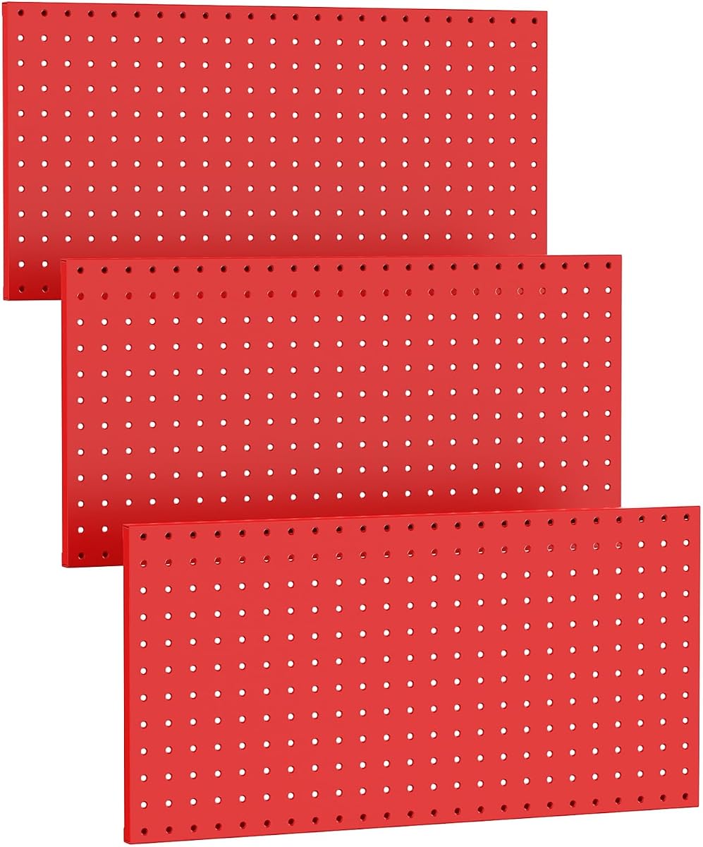 TORACK 3 paneles de tablero perforado de metal (12 x 24 pulgadas) para pared, 36 x 24 pulgadas | Tablero perforado de almacenamiento de herramientas de garaje para banco de trabajo, tablero modular, kit de tablero organizador de herramientas, paquete de 3, rojo