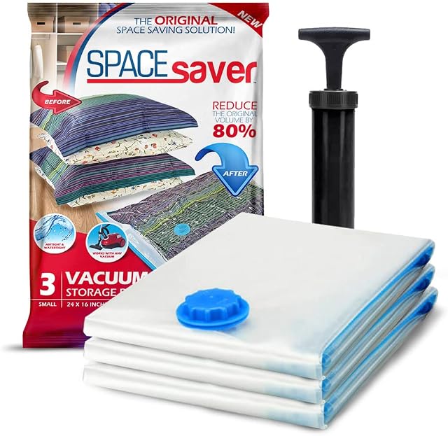 Spacesaver Premium Vacuum Storage Bags. 80% More Storage! Hand-Pump for Travel! Double-Zip Seal and Triple Seal Turbo-Valve for Max Space Saving! (Small 3 Pack)