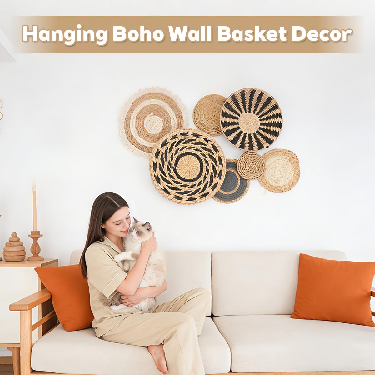 Set di 7 Cestini Decorazioni Parete Bohémien, Decorazione da Parete a Mano | Decorazioni da Parete Rotondi in Stile Bohémien Fatte per Fattoria Ufficio Soggiorno Camera da Letto Cucina Hotel Scuole