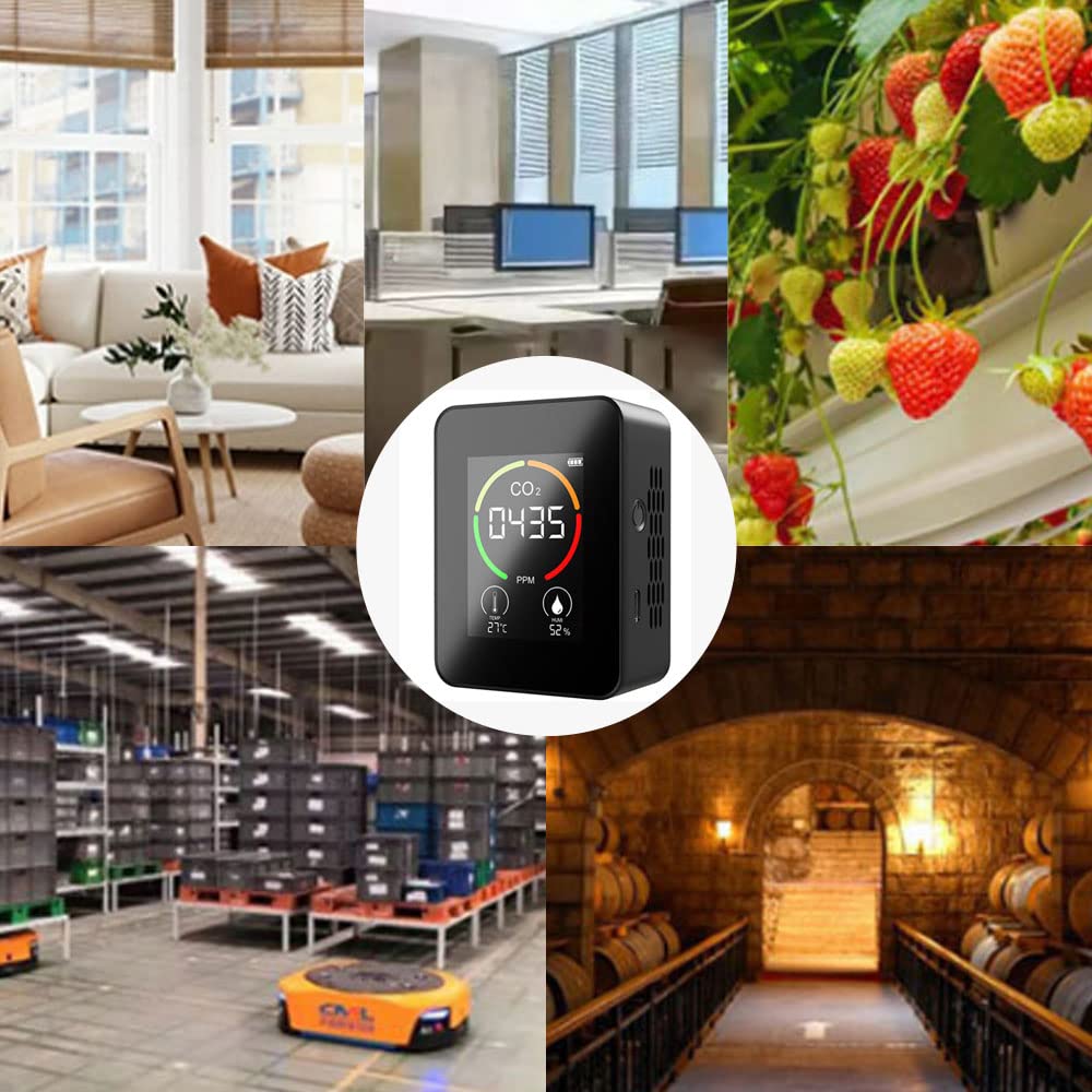 Detector de CO2, Monitor de CO2, Monitor de dióxido de Carbono, Sensor de CO2, Cargador Digital USB, Sensor de Calidad del Aire, Detector de Temperatura y Humedad para Oficina en casa(Negro)