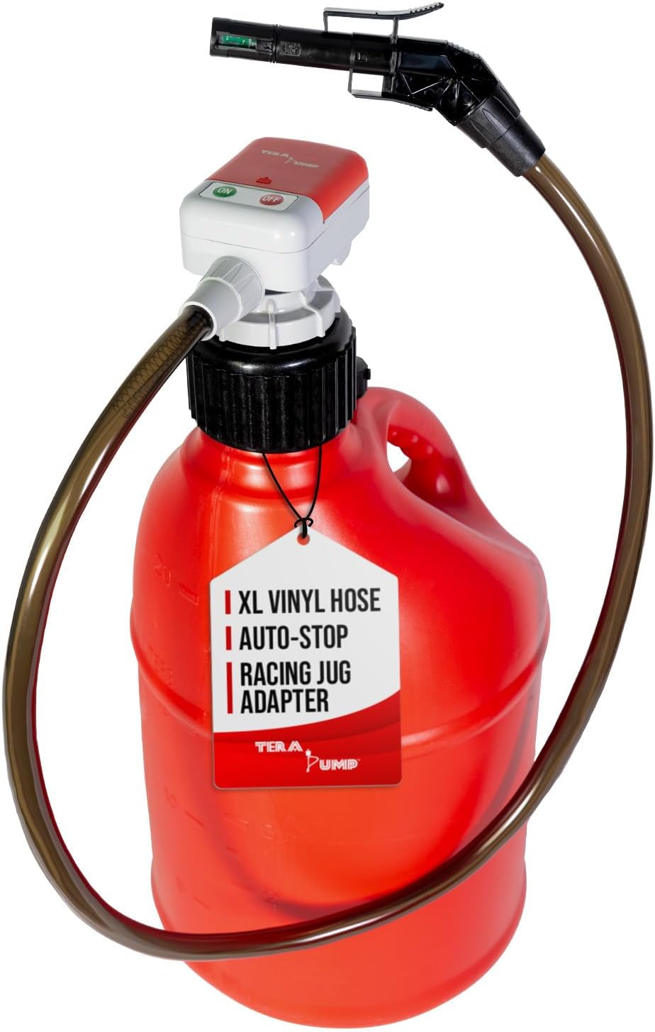 TERA PUMP TRFA01-XL Racing Fuel Transfer Pump, various Gas Can Fittings, Racing Fuel Cell Jug Adapter & Advanced Auto-Stop Sensor & Flexible Intake/Discharge Hose (2.4-GPM)