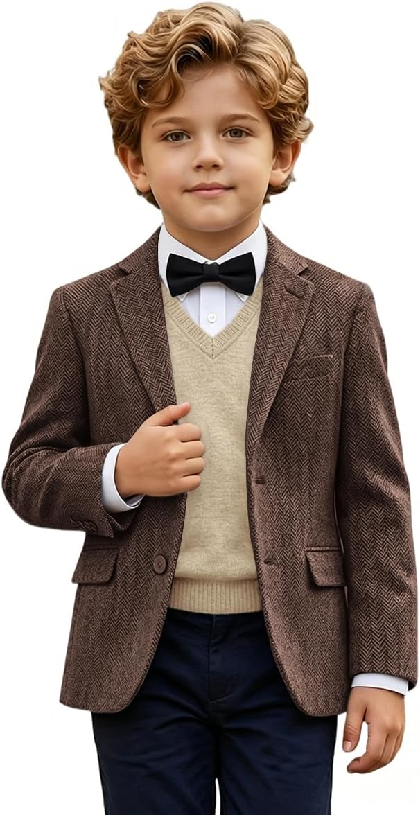 Boys Suit Blazer Retro Tweed Herringbone Sport Coat Suits with Bowtie