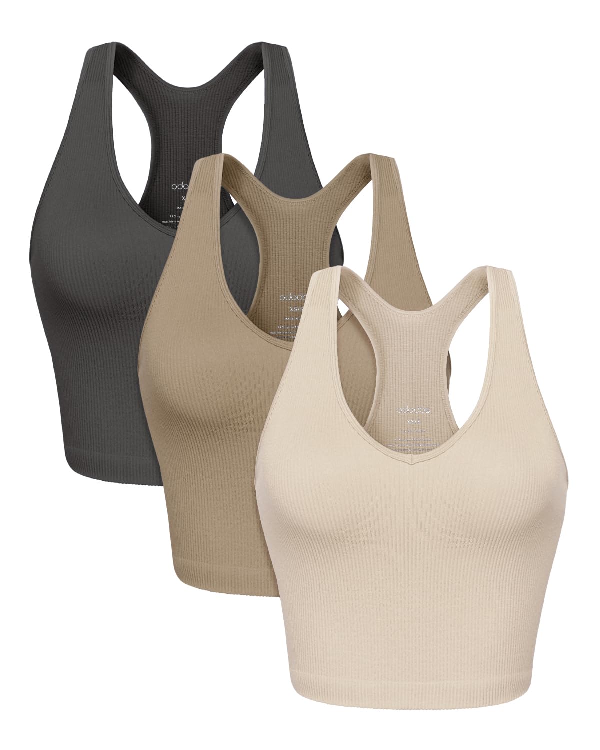 ODODOS3-Pack Seamless Racerback Tank for Women Ribbed Knit Soft Sleeveless Tank Tops, Waist Length, Mushroom+Taupe+Charcoal, X-Small/Small, Mushroom+taupe+charcoal (Waist Length), XS-S