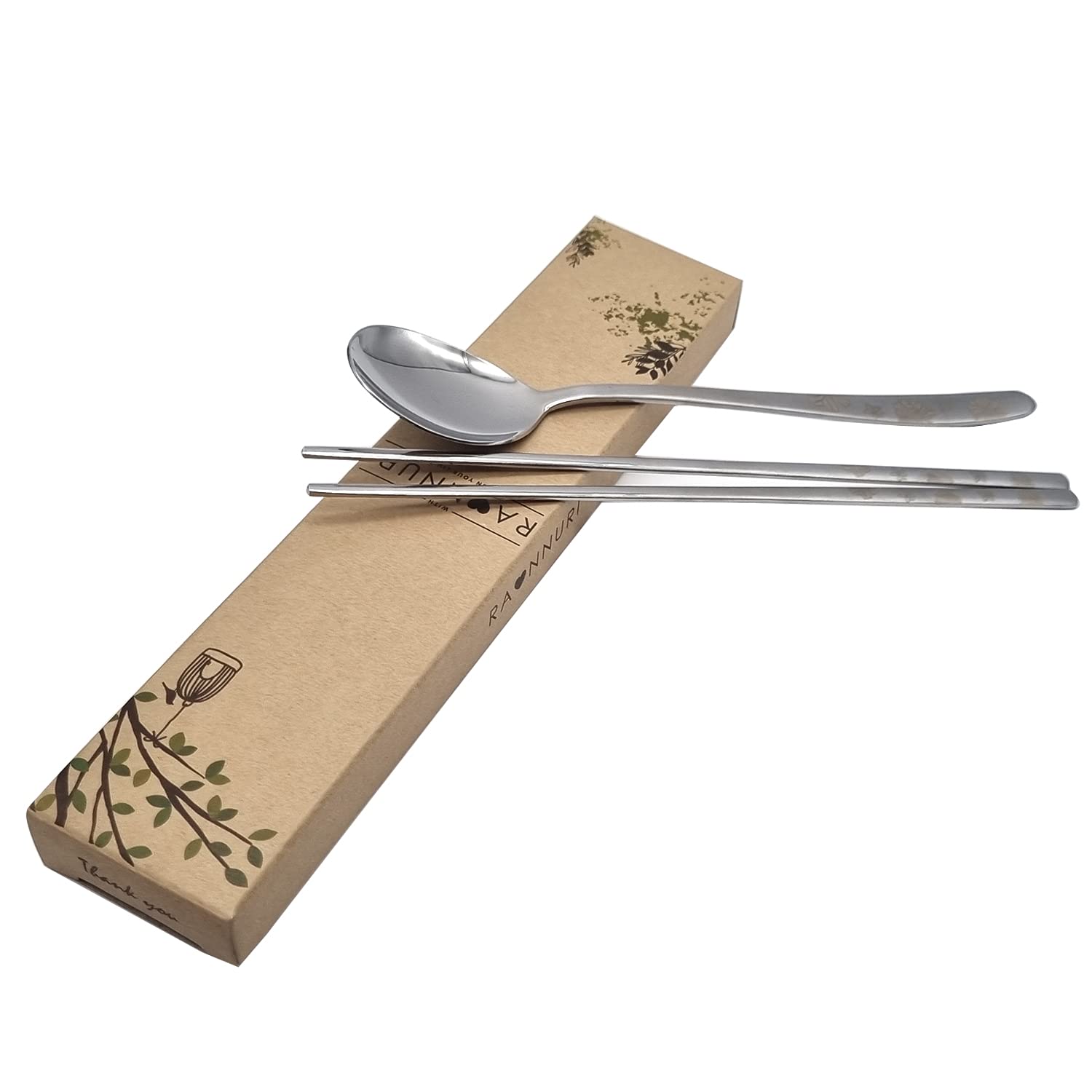 SUPIAKorean Traditional Cutlery Stainless Steel Spoons and Chopsticks Set Tableware with Long-hand, Reusable (Silver Flower)