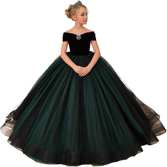 Amazon Godlovefull 子供ドレス ピアノ発表会 オフショルダー ロングドレス トレーンドレス 上品 女の子 結婚式 ブラックフォーマル 黒 緑 ダークグリーン ブローチ付 キッズドレス フラワーガール 花嫁付き添い フォーマル 通販