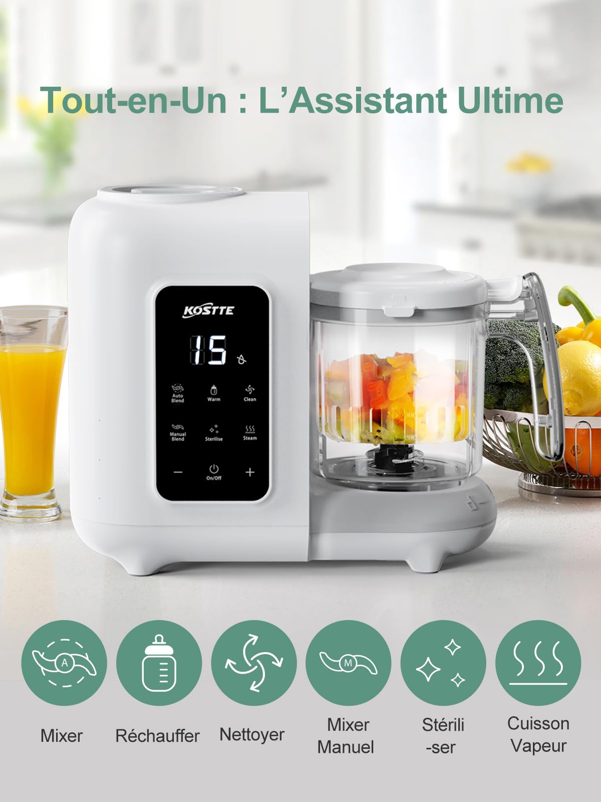 Robot Cuiseur Mixeur pour Bébés 6-en-1, Cuiseur Mixeur Multifonctions, Blender bebe, Réchauffe, Décongèle, Fonction autonettoyante, Cuisson Vapeur, Diversification alimentaire