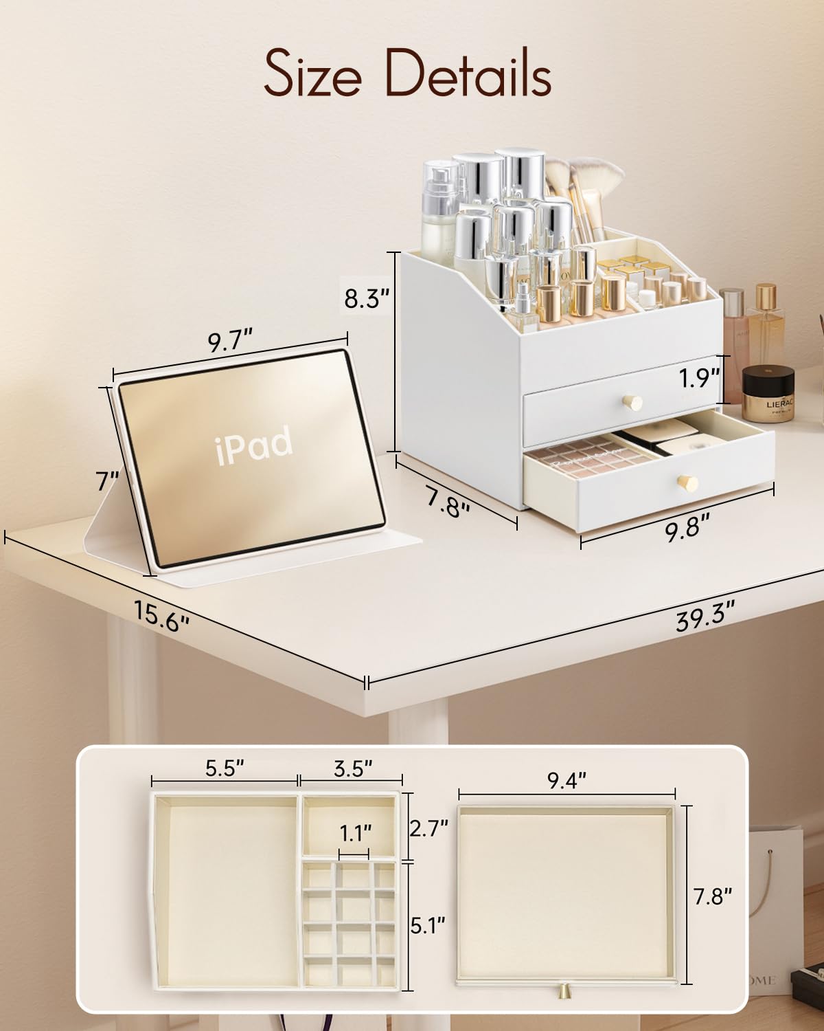 Vlando - Organizer per trucco per toeletta, organizer da banco a grande capacità con cassetti, custodia in pelle PU per cosmetici, ideale per rossetto, pennelli, prodotti per la cura della pelle