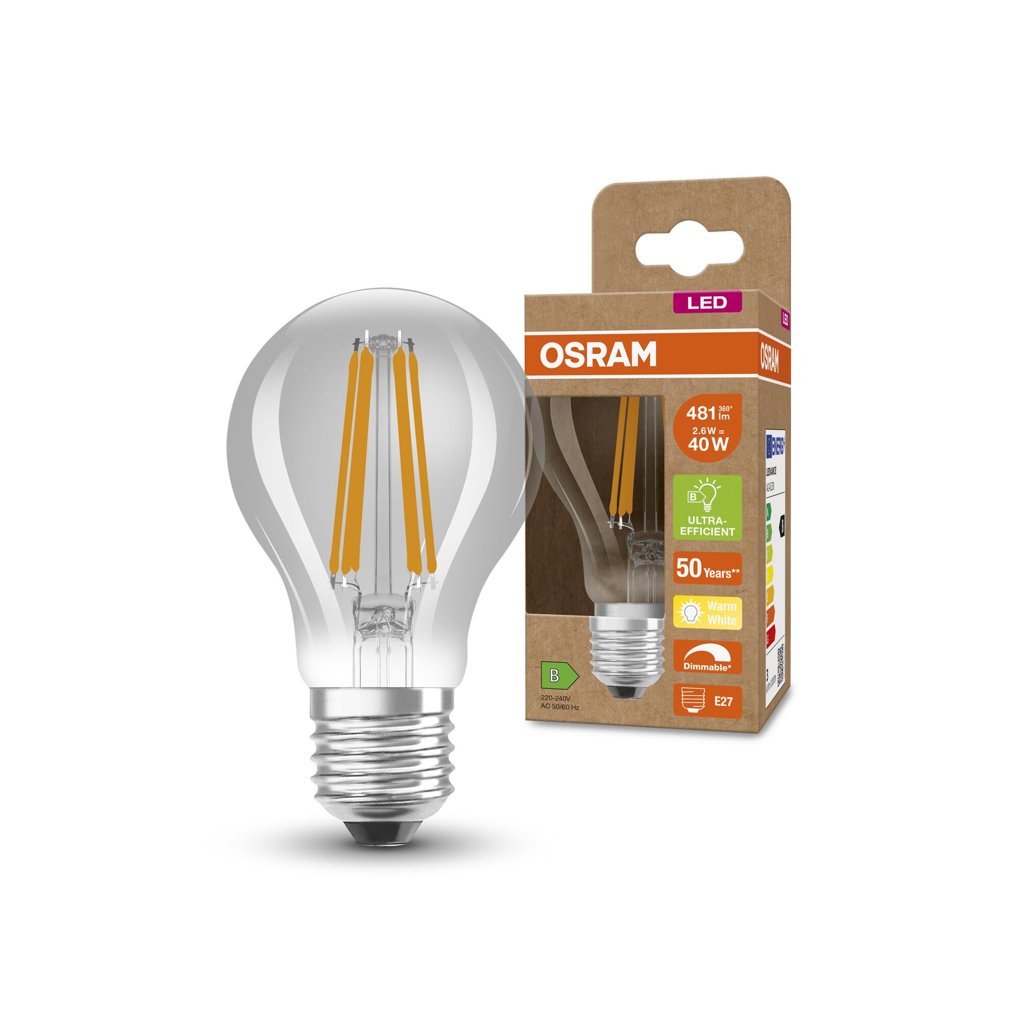 OSRAM Superstar+ Classic P Glfr 40 Led Lamp, E27, Bulb Shape, 2.6W, 481Lm, 2700K, Warm White Light, Dimmable, Led Filament Technology, Very Low Energy Consumption, Energy Efficiency Class B