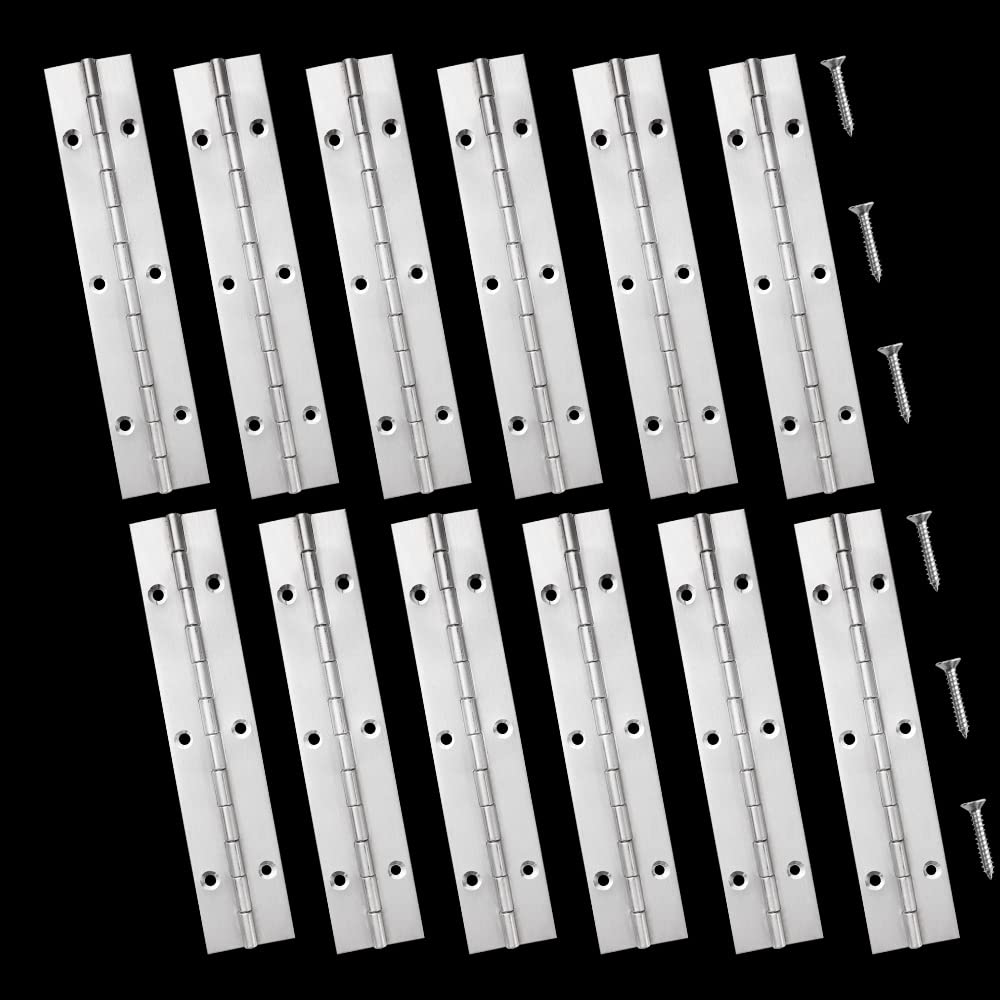 12 Pack 6 Inch Piano Hinge, Heavy Duty Continuous Hinge with Holes for Cabinets Boat Marine Door, 304 Stainless Steel 0.04" Leaf Thickness 1.2'' Open Width