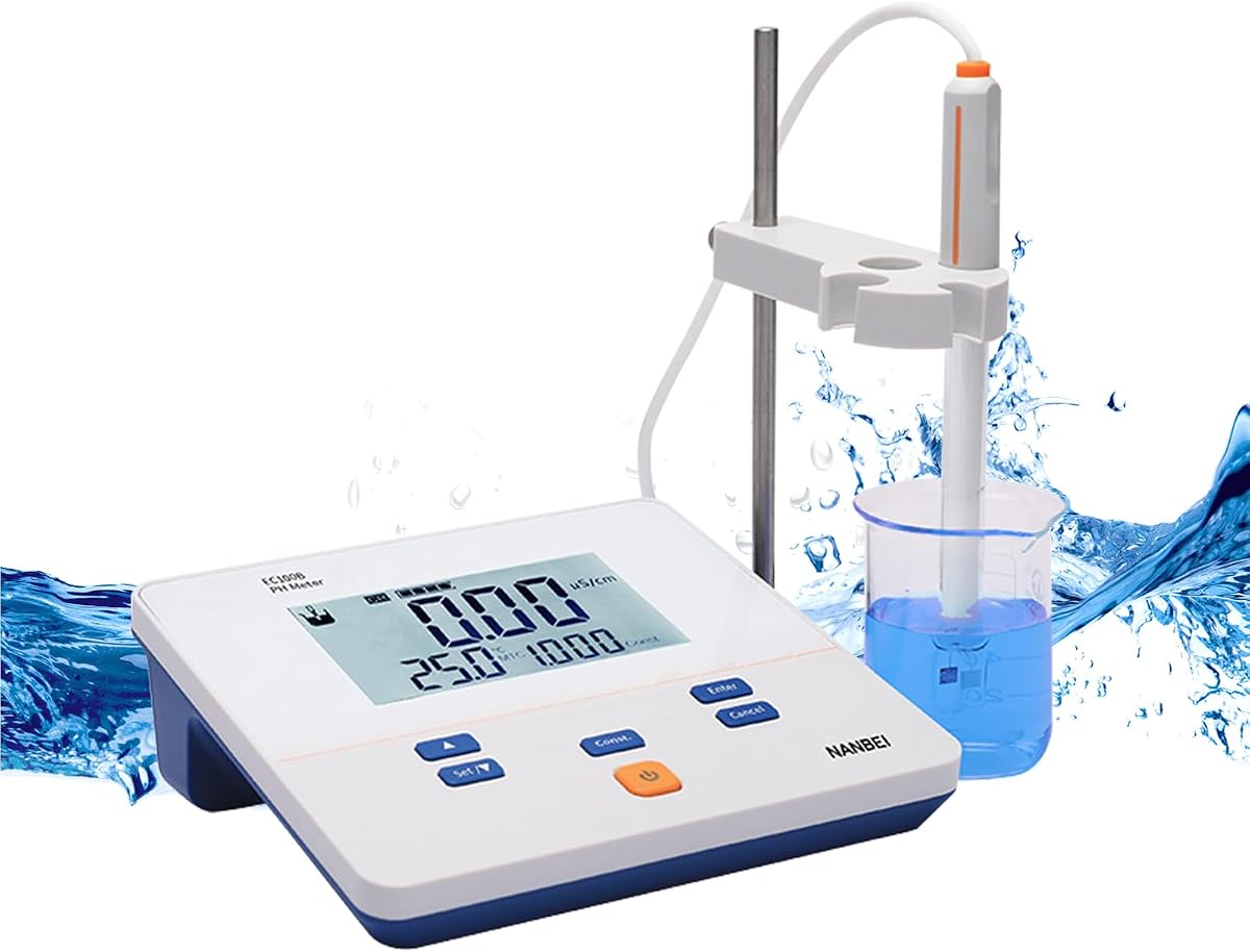 Medidor de conductividad de laboratorio de mesa | Pantalla LCD de 6 pulgadas, precisión del 1,5% F.S, rango de 0-100,0 mS/cm, protección contra cortes de energía, compensación de temperatura manual
