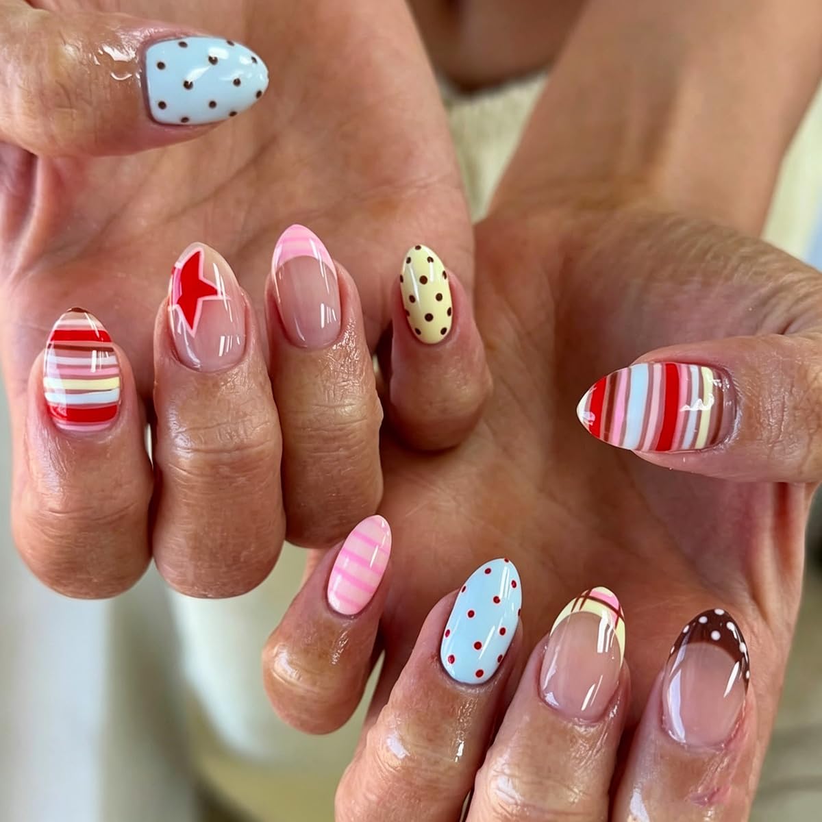 Medium Almond Press on Nails Polka Dot Fake Nails Colorful Nails Press ons with Stripe & Star Print Design Cute Y2K Nail Summer Glue on Nails for Women Girls Manicure 24Pcs
