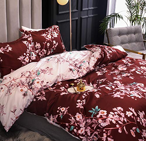 Boqingzhu Bettwäsche 220x240cm King Size Blumen Rosa Rot Weiß Wende Bettwäsche Set Microfaser 1 Bettbezug und 2 Kissenbezüge 80x80cm mit Reißverschluss