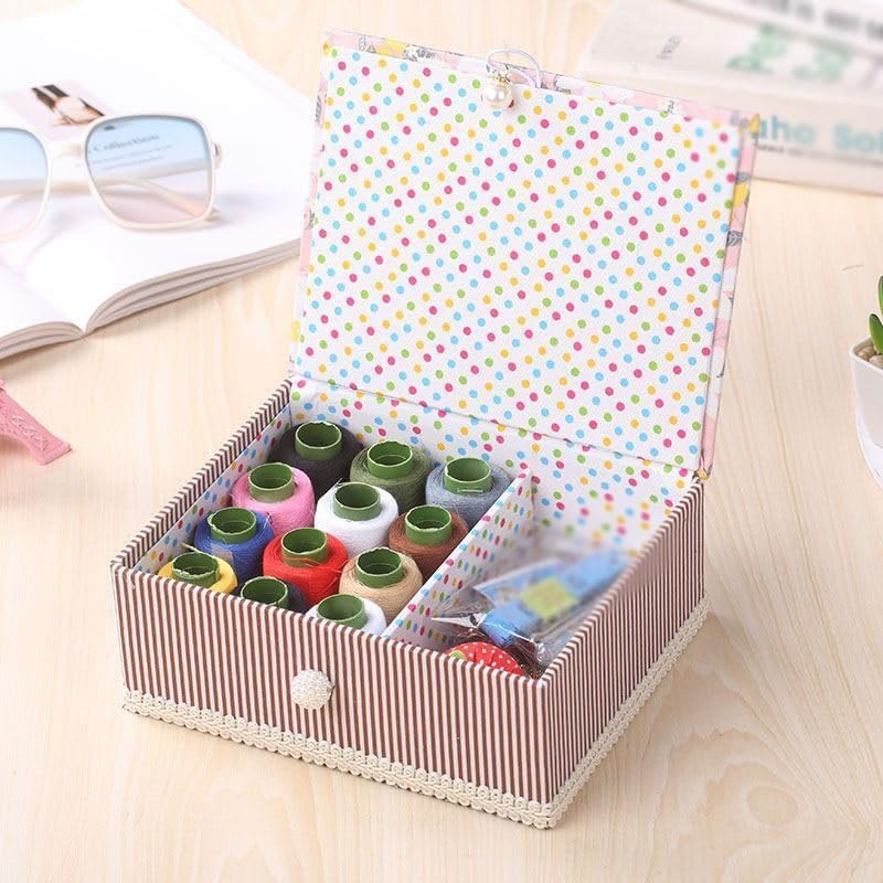MVNOIRE Home-use Sewing Kit Retro-Style Box Storing Needles Threads Portable Convenient