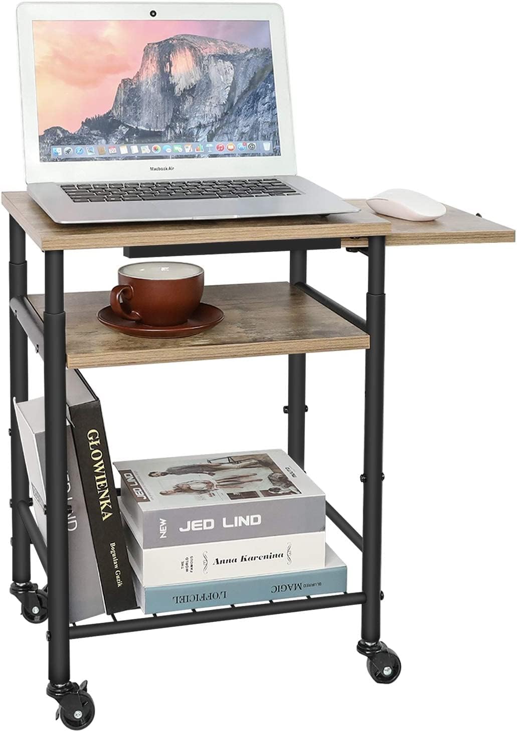 X-cosrack Adjustable Height End Table, 3-Tier Side Table with Wheels Rolling Casters Extendable Space for Small Spaces Sofa Side Living Room Bedroom