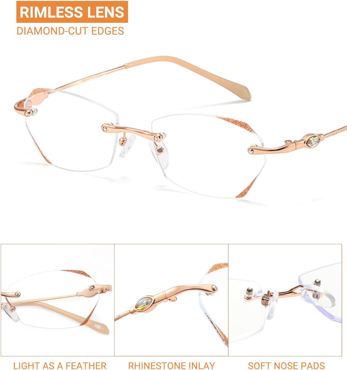 TERAISE Frameless Reading Glasses For Women With Blue Light Blocking,Fashion Diamond Cutting Rimless Eyeglasses - Image 4