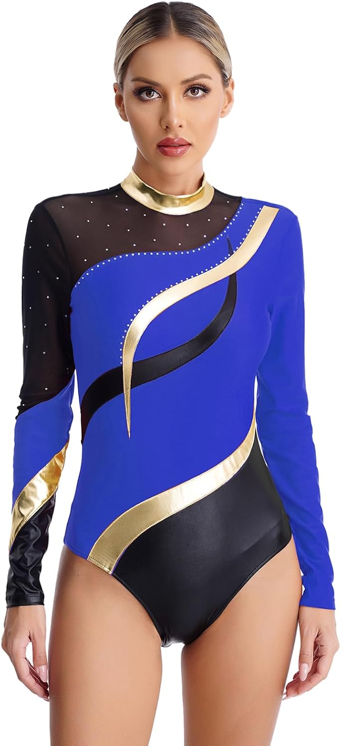 Linjinx Women's Metallic Gymnastic Leotard Shiny Rhinestone Ballet Dance Unitard Acrobatics Uniforms Dancewear