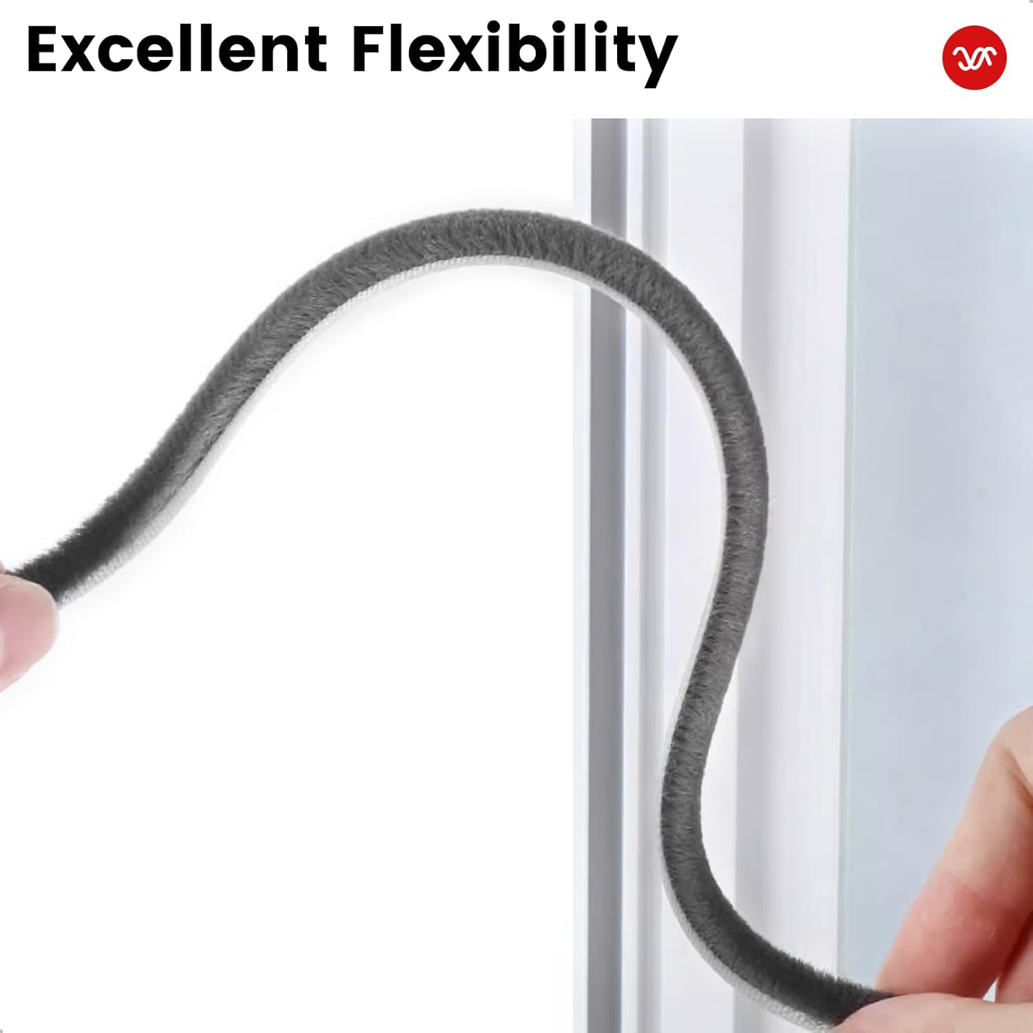 Weather Stripping for Doors and Windows, Brush Seal Strip, Strong Adhesive, Weatherproof, Dustproof, Soundproof, Noise and Wind Blocker, Gap Filler, Window Insert, Grey, 0.35 in x 0.20 in x 16.5 FT