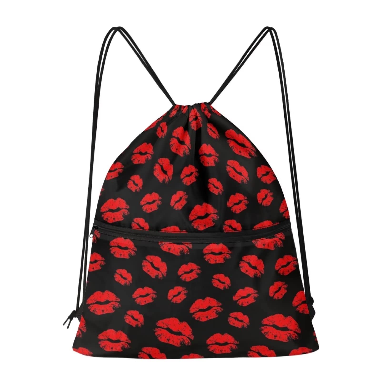 Dolyues Red Lip Kiss Drawstring Bags Women Yoga String Bag Large Shoulder Backpack with Zipper Water Resistant Trainer Swimming Bagpack