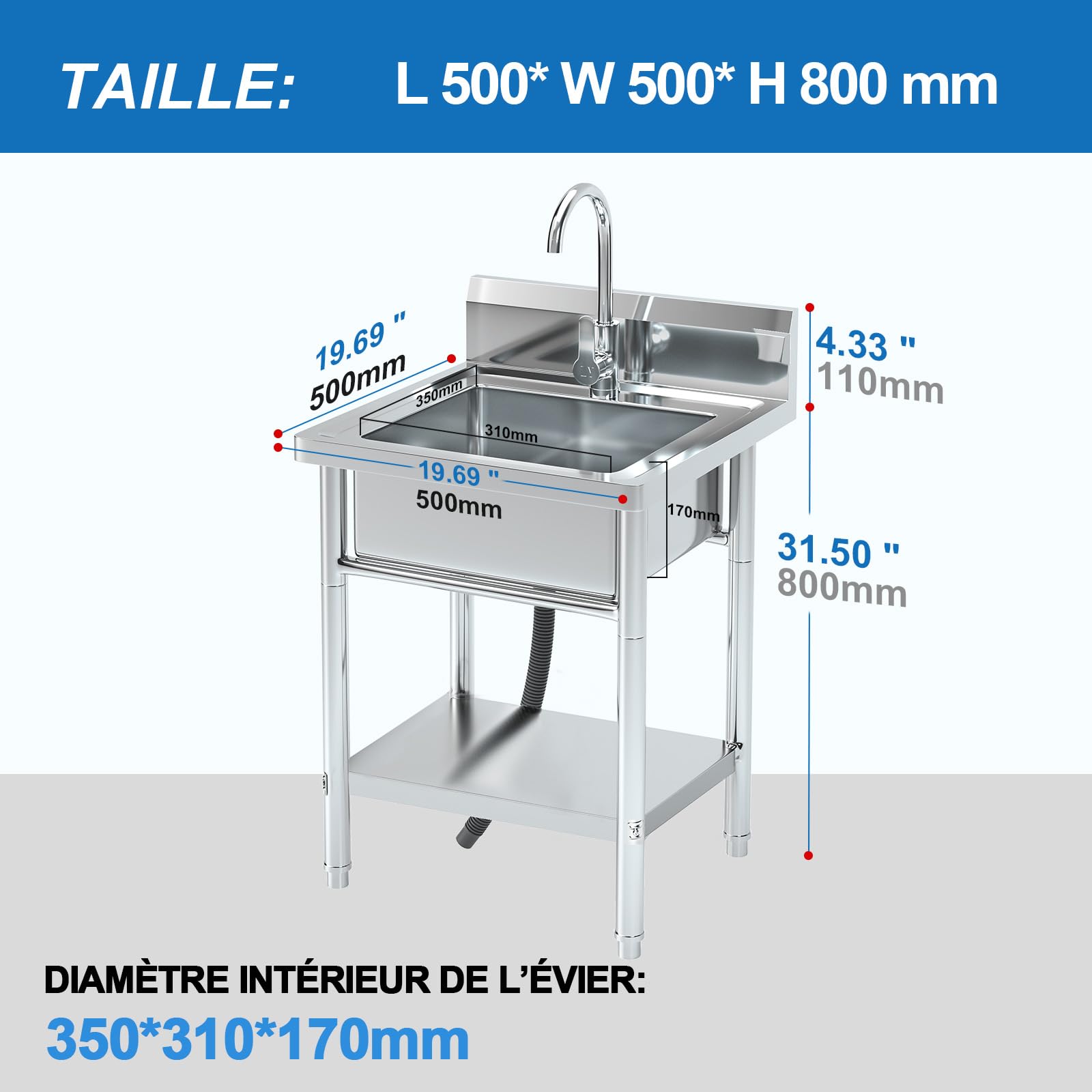 RiveraSink Évier Extérieur Inox Autoportant 50×50×80 cm, Plonge Professionnelle en Acier Inoxydable avec Robinet, Étagère et Dosseret, pour Cuisine, Garage, Buanderie et Restaurant