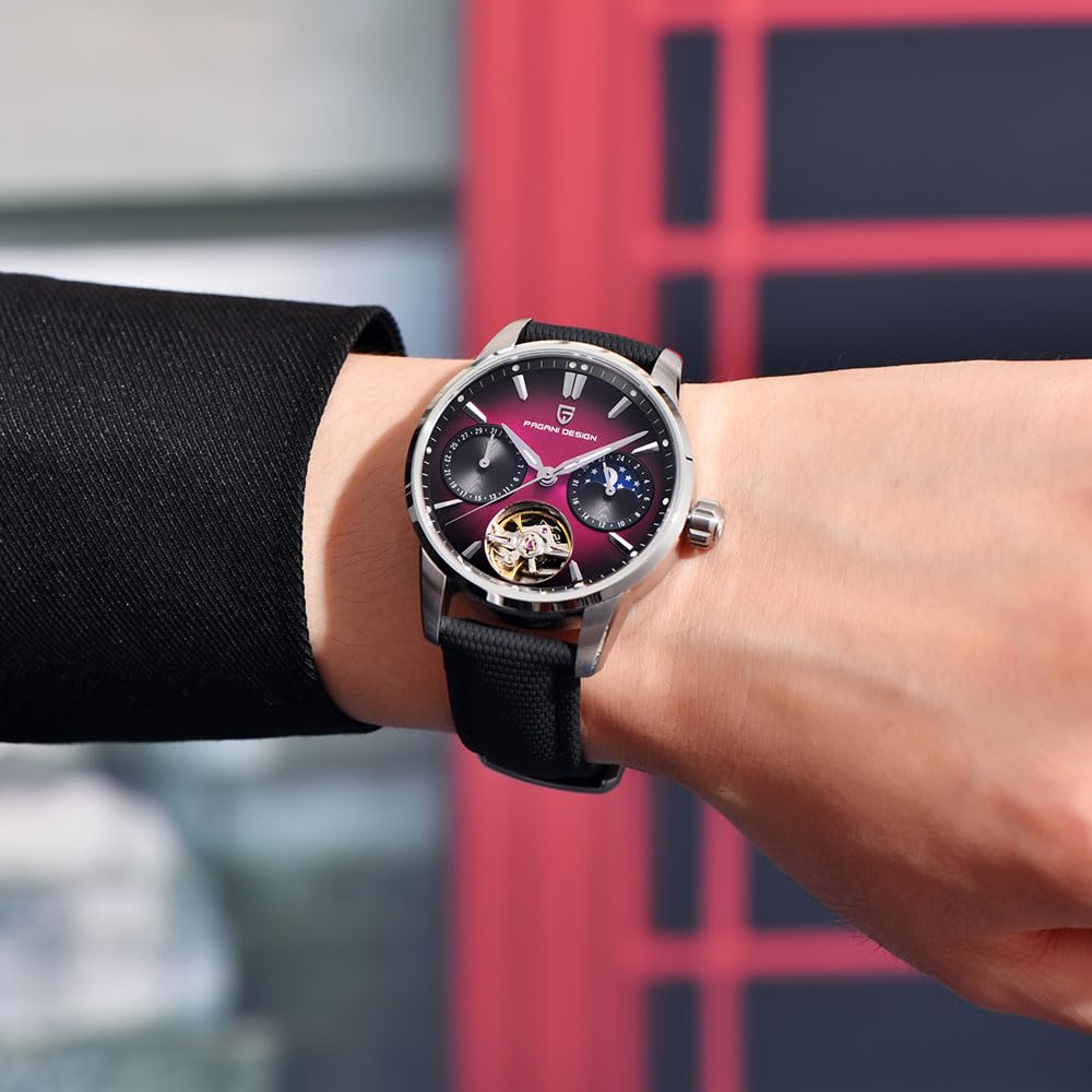 TYBERLEY Orologio da uomo automatico di lusso con scheletro Tourbillon fasi lunari in acciaio inox impermeabile 100 m cinturino in pelle orologio meccanico da uomo YS021