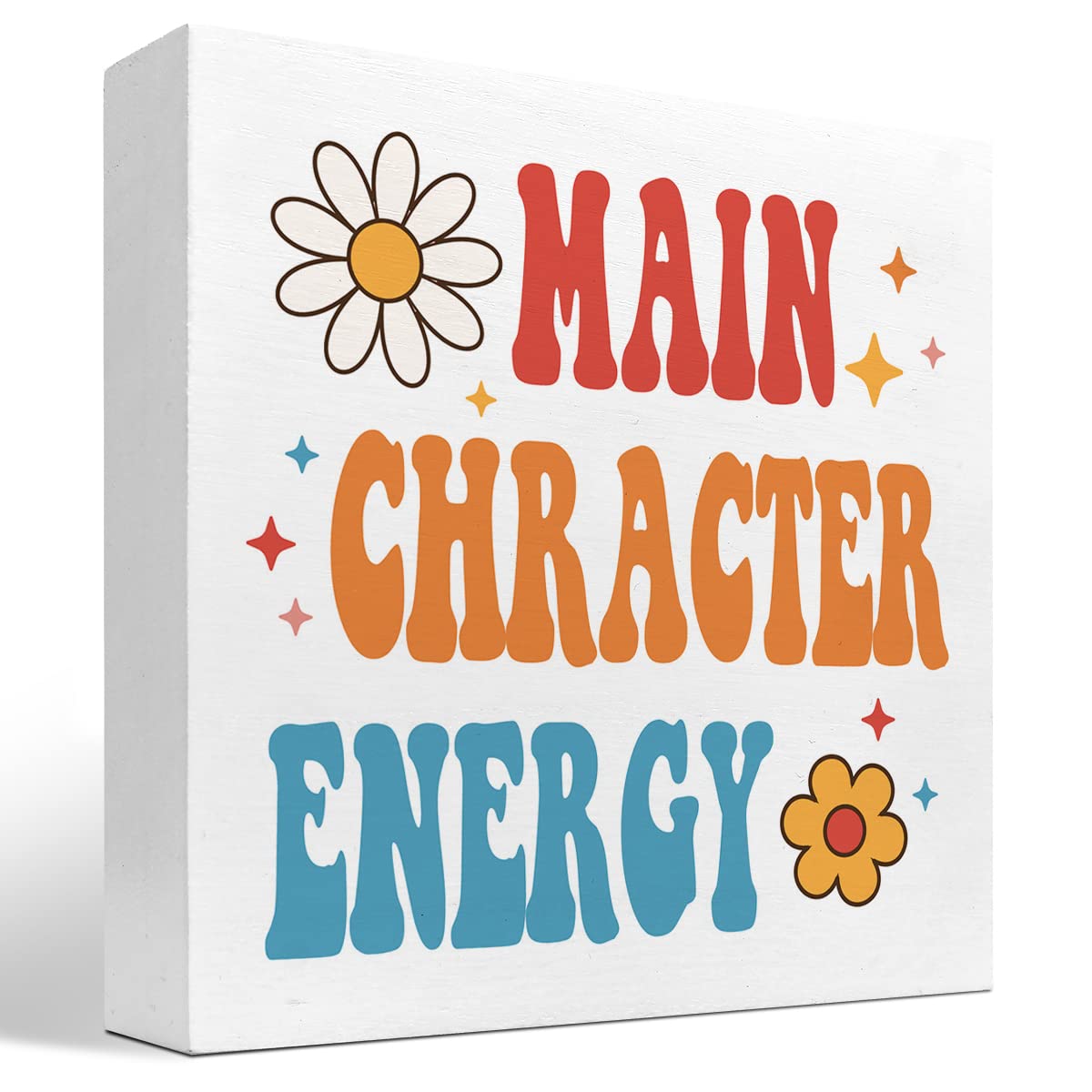 z-crange Main Character Energy Inspirational Self Love Wood Box Sign Desk Decor,Retro Groovy Preppy Daisy Flower Wooden Box Block Sign for Home Office Dorm Shelf Table Decor Decorations