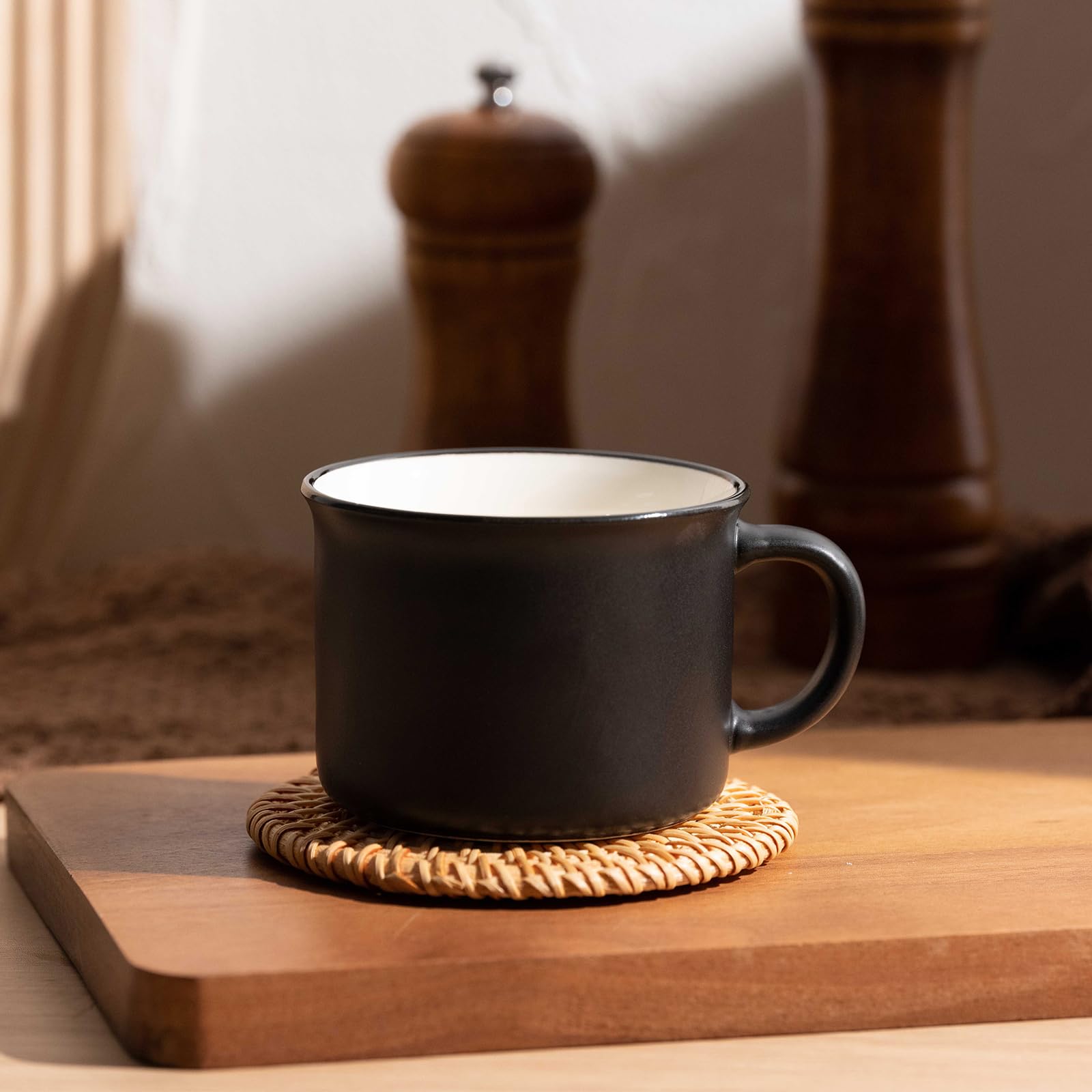Juego de 4 tazas de café con platillo de cerámica, 180 ml, 8 piezas, juego de tazas con platillo, color negro